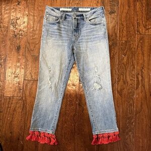 Anthropologie Pilcro Sz 27 Distress Crop Boyfriend Denim w/ beaded tassel detail